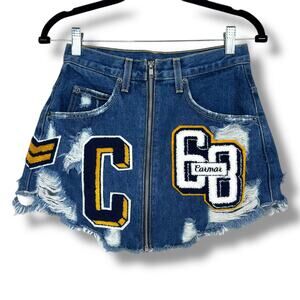 Carmar Beatrice Varsity Letter Denim Zip Front Distressed High Waist Mini Skirt